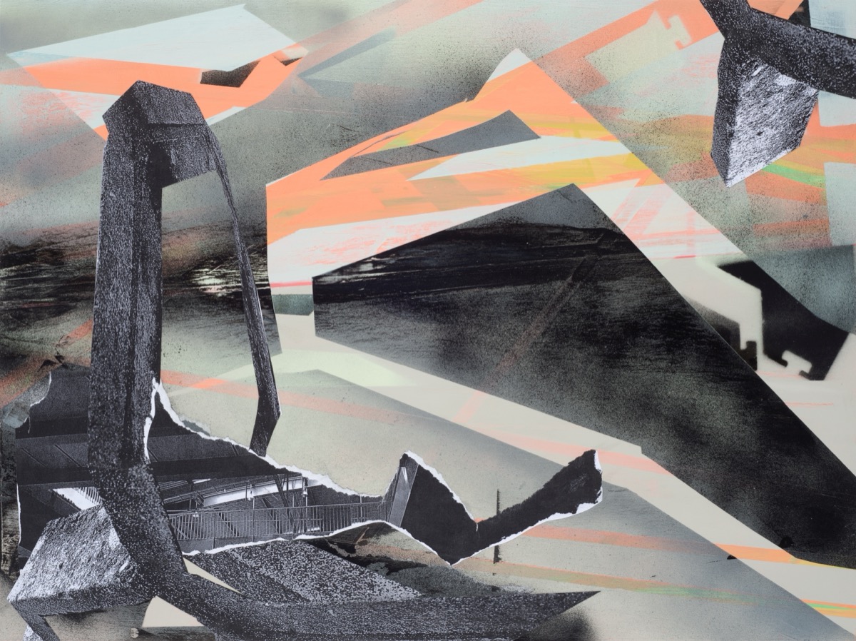 Ohne Titel (Schwerkraft 1), 45 cm 60 cm, Acryl, Lack, Papier auf
          Leinwand, 2022